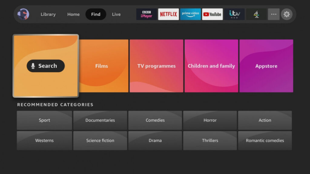 Fire TV Stick home screen showing Find option