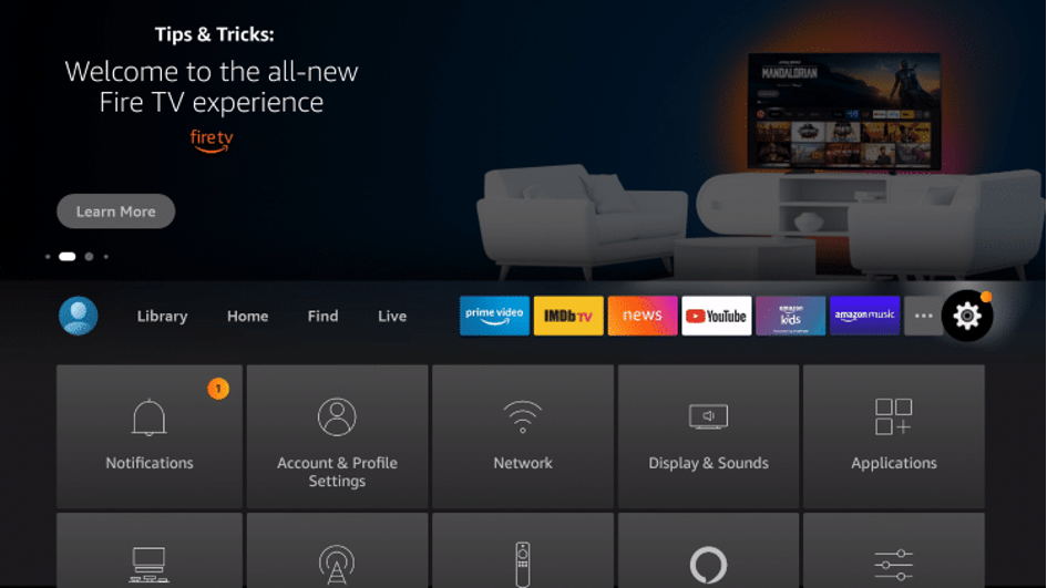 Fire TV home screen showing Settings